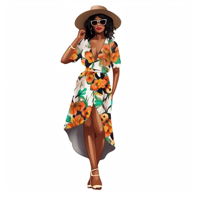 African american woman wearing floral dress and fedora hat Boss lady clipart modern fashion style anatomically correct realistic isolated white background