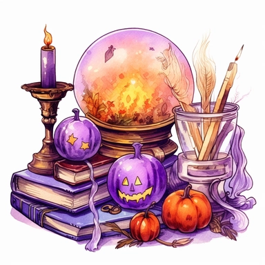 hand drawn glowing crystal ball sitting on a table with crystals, tarot cards, a wand, candles and a pumpkin, Halloween, purple and orange shades,fantasy, glamorous, , clipart style, detailed and realistic, watercolor, white background with margins
