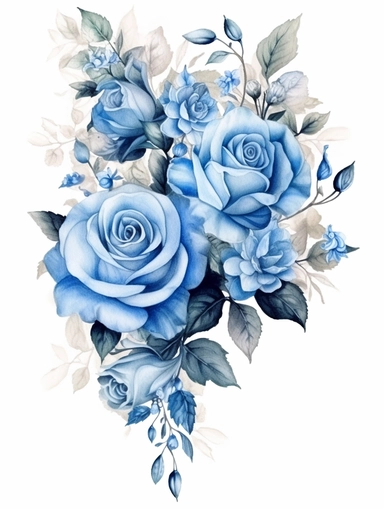 vintage beautiful victorian shabby chic blue roses frame on white background, blue theme, watercolor illustration, clipart