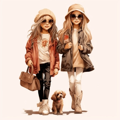 little girl best friend fashion illustration clipart, png file, hyper realistic, transparent background,high detail, 8k
