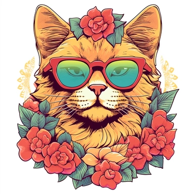 very detailed cutout design of a cartoonized cat wearing sunglasses, with retro summer sunset, and hippie roses, full color, laid flat on white background, vector illustration, flat comic style by Jim Steranko, Sublimation Clipart ,Cartoon,hyper realistic, intricate detail, illustration style,high solution,on the white background