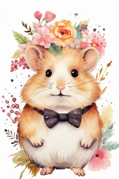 Create a watercolor clipart picture of a hipster hamster , white background. The hamster should have a cute and happy expression, with its fur depicted in soft watercolor textures. Surround the hamster with small flowers and greenery, adding a whimsical touch to the scene.