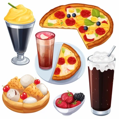 Food and beverage clipart - Create a set of mouth-watering food and drink illustrations like pizza slices, ice cream cones, coffee cups, and cocktails that customers can use for their restaurant menus or food blogs. ultra realistic and colorful