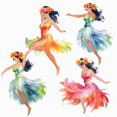 4 watercolor hawaiian hula dancer and flowers clipart, white background, spaced out, hd--v 5.1