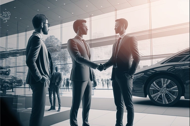 stock clipart, profiles of business people in front of car dealership, shaking hands, octane rendering, high detail, detail, sharp focus, noise reduction, vfx, post processing, 8k, no blur,