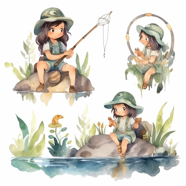 Watercolor boho fishing near a beautiful stream, illustrations clipart set, simple, soft colors, cartoon elements, different variants, cute little boy and girl fishing, separate elements with a margin