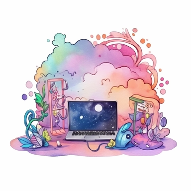 studio logo of programming colorful code getting out of a computer's screen clipart , boho style, in style of Watercolor and ink outline