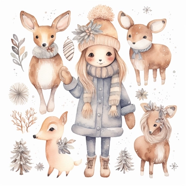 Watercolor collection clipart winter elements snowflakes, kawaii reindeer, ice skating, scarf, neutral colors, no background