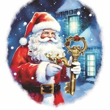 Santa holding a glowing ((MAGIC DOOR KEY ? ))!!!!!! Create a magical Christmas scene with Santa holding a glowing magic key. The key unlocks the door to dreams and makes all Christmas wishes come true. The scene should be filled with snowflakes, twinkling stars, and a sense of wonder and joy. ??✨❄️ Watercolor Christmas scene with, Disney style, high - quality, dreamy and magical, 2D, incredbly high detail, Clipart style