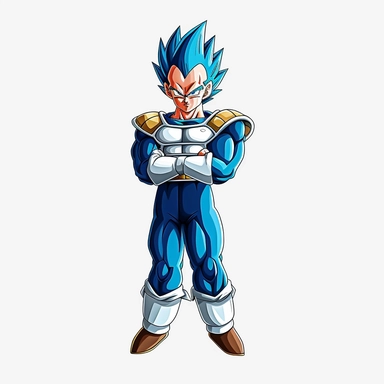 vegeta stood up, full body, blue outfit, serious face, super saiyan blue, white back ground, clipart