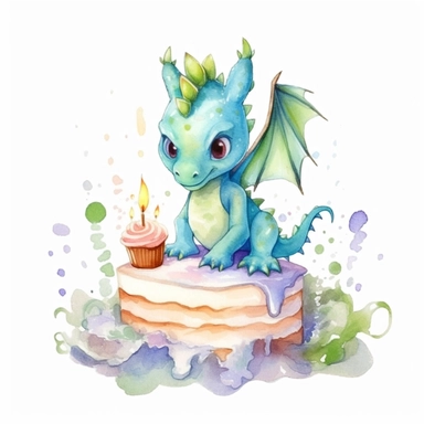 Cute happy Watercolor cake Baby Dragon Clipart, on a white background