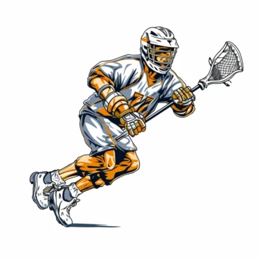 Lacrosse player clipart, white background, Pop Art: Male attacker wearing a helmet with visor and holding a lacrosse stick in his hand. He is wearing cleats on his feet. The player is depicted in action, mid-swing with the stick. The background is a simple white color to make the player stand out. The clipart should be bold and dynamic, with strong lines and vibrant colors to capture the energy of the sport.