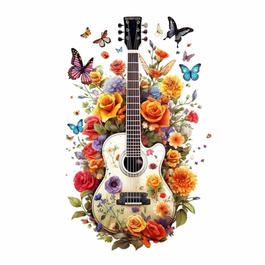 clipart de guitarra española con mariposas y flores, acuarela, 16k, hiper minimalista, megapixel, full color, super detailed,insanely detailed and intricate, ultra detallado
