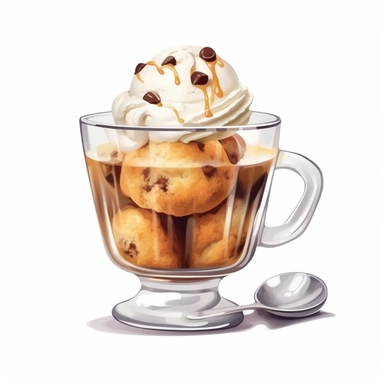 cold espresso coffee with ice cream transparent beauty glass with muffins digital clipart on white background