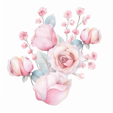 watercolor pastel cotton candy with pink roses and delicate vines clipart white background