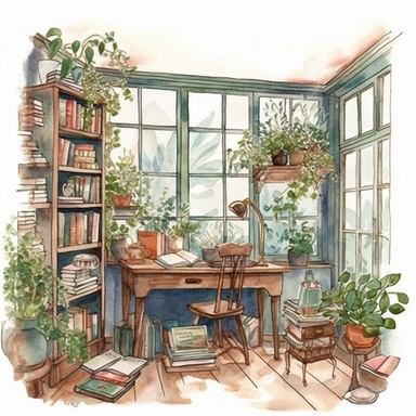a watercolor clipart of a bookroom with a big window, white background clipart, plants and nature, in the style of darkly romantic illustrations, uhd image, studyplace, fairycore, charming character illustrations, embroidery art, lively nature scenes