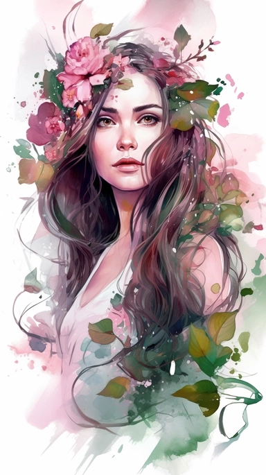 Beautiful painted stunning woman as mother nature, se has long hair with plants, flowers, light pink pastel, paint art style, detail, clipart, white background, superrealistic, one of a kind