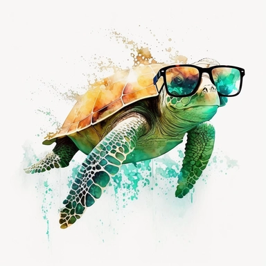 Watercolor Cool 4 White Green Wearing Golden Chain Retro Smiling Sea Beach Turtle Black Covered Sunglasses Clipart Sea Life Swimming in Background White Background