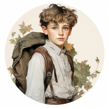 very beautiful boy with schoolbag, vintage, white background, round clipart with pastel color, detailed and lovely Renaissance painting