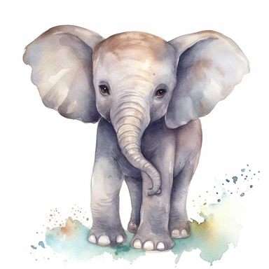A delightful and charming watercolor clipart of an adorable baby elephant, designed for commercial use. This heartwarming composition captures the innocent charm of the African Safari Zoo animal, set against a crisp white background that accentuates its delicate watercolor textures and playful features. The baby elephant, with its gentle eyes and playful trunk, is skillfully painted in a soothing palette of grays and pastels, encapsulating the essence of nursery-themed art. The clipart emphasize