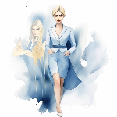 A delicate watercolor painting of chic powder blue, white, and gold three combo business girl, arranged in an elegant composition, featuring soft and blended watercolor washes to create a harmonious and feminine aesthetic, clipart, png