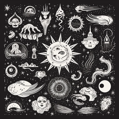 Set collection mystical celestial clipart symbol space doodle esoteric magic elements vintage illustration. HD, 2d