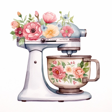 Watercolor clipart, A vintage style drawing of a Stand Mixer decorate with flowers motifs, kitchen aid style, high resolution, white background, Sublimation graphics, by Katie Daisy, Watercolor clipart, single design, single object, print on demand image, PNG transparent background, white background for removing background - - no text shadow font watermark, 8k
