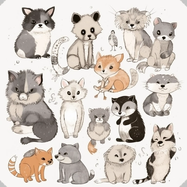 kids cute furry friends animal clipart, doodle art, white background