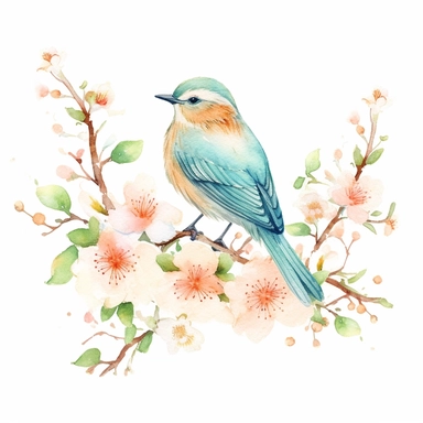 one watercolor clipart bird on a white background, in the style of cherry blossoms, light emerald and light brown, made of paperclips, pointillist florals, whimsical animation, colorful gardens, vintage charm, no watermark, text, words, paintbrush, 300 DPI , typography, the images do not stick together, no text in the picture