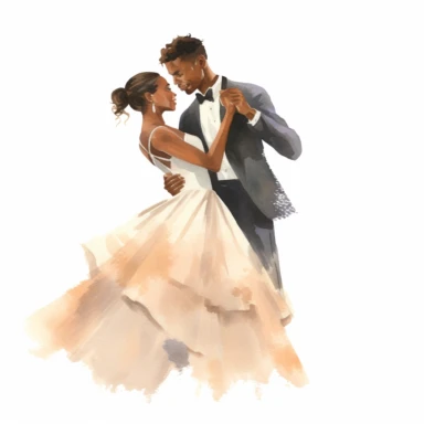 Ebony-skinned bride and brown-skinned groom, sharing their first dance, romantic and graceful, watercolor, Pixar style, Clipart on a white background.