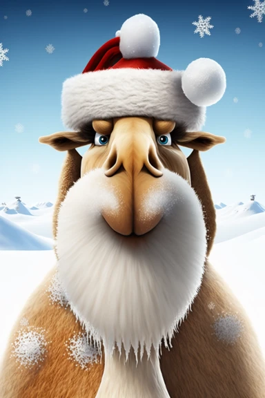 no text, winter wonderland background with snow and snowflakes, 3d whole body clipart of a smiling, friendly camel, wearing a santa clause hat, christmas vibes, cartoon network style, friendly face, head unproportionally bigger than body, detailed body shape, front shot, insanely big shiny eyes, caricatured face, insanely glossy, plastic like fur and skin, unrealistic, 8k photography, cinematic, super cute face, Photography, Ultra-Wide Angle, Depth of Field, hyper-detailed, beautifully color-cod