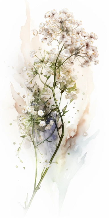 Watercolor Painting of SINGLE STEAM Baby's Breath FLOWER on white background beautiful multi - headed pale, Flora Design Patterns, Flemish Baroque by Rachel Ruysch, Behance, Rococo, Intricate Detailed, Soft Light Effect, Oil Paint Strokes, Light Academia Aesthetic Flowers, Lighting cinematic, all shown shimmering stamens, tyndall light, light effect, texture, colorful, 8k, fantasy, ray tracing, depth of field, vivid, spectacular lighting, octane rendering, highly detailed, ultra - realistic, whi