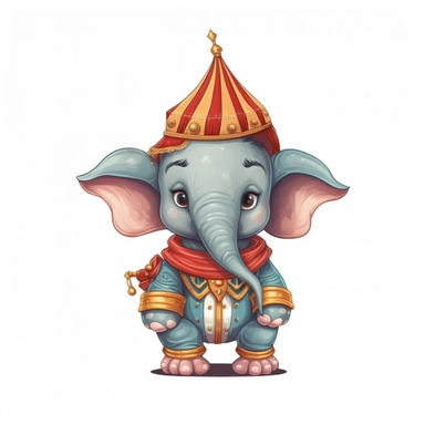 cute baby elephant in a Circus Performer Costume, cartoon clipart, isolated white background, 32k