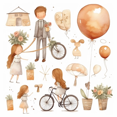 Watercolor wedding cute illustrations clipart set, simple, soft colors, cartoon elements, different variants, girl with long braids on wedding day, wedding, husband and wife, veil, garland, balloons, wedding bouquet, gold rings, wedding cake, wooden elements, they sit on a bench, on a car, on a bicycle, white transparent background, separate elements with a margin