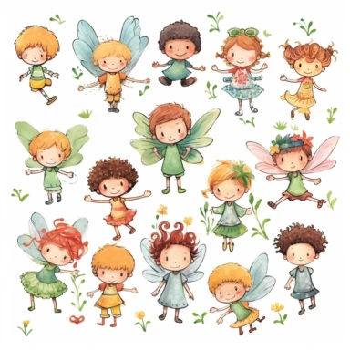 a delightful clipart featuring children and fairies playing and having fun against a clean white background. Capture the magic and joy of childhood with vibrant colors and lively expressions. Show children and fairies engaged in playful activities like dancing, flying, and creating magic. Design a versatile clipart suitable for crafts, invitations, and decorations. Celebrate the enchantment of childhood and the magical connection between children and fairies. Let your artwork inspire imagination