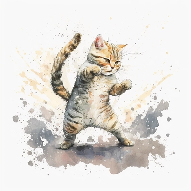 cartoon watercolor cute cat being in fighting position, very detailed, clipart, modern style, white background, 8k--v 4