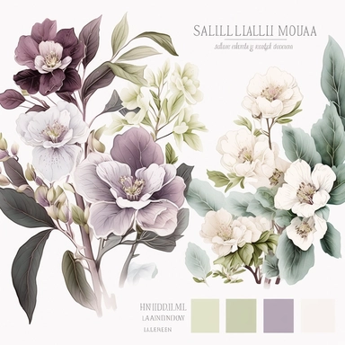 watercolor floral CLIPART, PURPLE HELLEBORES AND WHITE SPRING BLOSSOMS PREMADE BORDER, pastel pale COLORS, clipart, no background, blank space for writing, CLEAN OUTLINE, delicate and elegant, dreamy airy color, classic style, airy watery colors, with elements of GREEN LEAVES, hd, best quality, 8k, ar:3:1