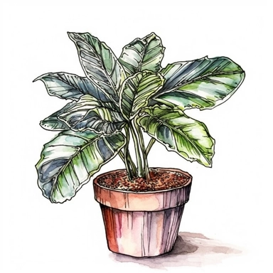 single houseplant in pot, watercolor clipart, beautiful houseplant , landscape art, scrapbook, black contour around the leaves,