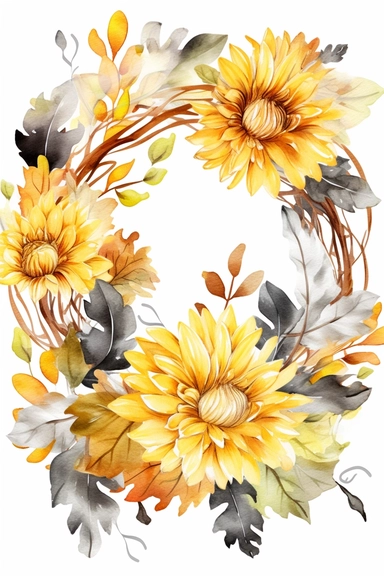 Halloween clipart, yellow chrysanthemum flower Delicate watercolor illustration, White background, Cozy, clear picture, 8k, hd, isolatee on a white background, Wreath, Frame Clip Art