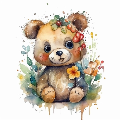a moving Teddy bear with cute big eyes, happy smiling face, cute animal, adorable, playful atitude, adorable watercolor animal clipart with a few plant and flowers decor, no background, high quality very sharp with clear focus