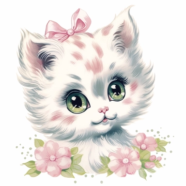 vintage Hand painted clipart of a pastel kitten with long eyelashes and rosy cheeks, playful and animated, in the style of vintage nursery kitsch Lefton, retro midcentury 1950’s, white background, contour