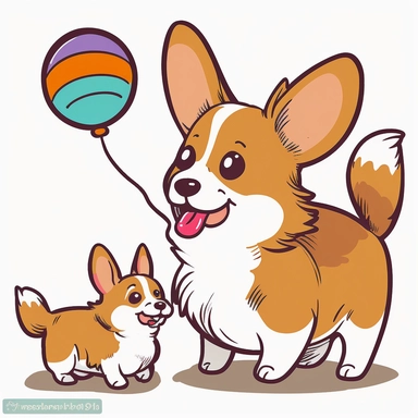 a cute cartoonish clipart of a mommy corgi playing with her baby, by Kasia Rogowska, with a white background and a bright and colorful color palette. The mommy corgi is teaching her baby how to play fetch with a ball, and the baby corgi is bouncing happily after the ball. The clipart has a dynamic and energetic style, with lively lines and fun patterns that make it really pop.