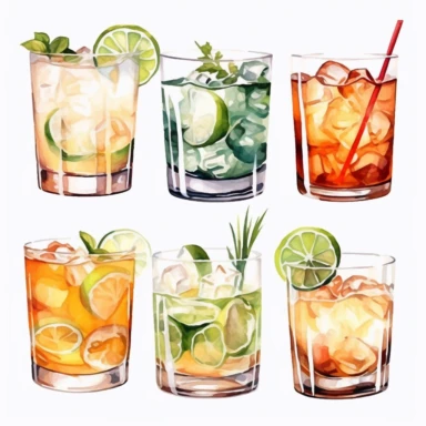 6 margarita cocktail, watercolor clipart, spaced out, boho, earth tones, ice cubes, hd, fancy glasses