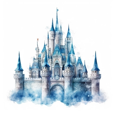 Beautiful Ice Castle Watercolor Clipart,Cartoon, hyper realistic, intricate detail, illustration style,high solution,on the white background