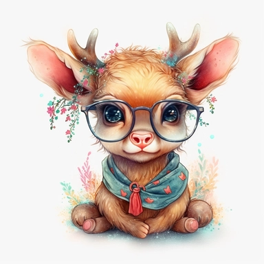 kawaii adorable fantasy baby elk wearing cute glasses, nursery art, clipart image, line art image, white background, inspired by yoshitaka amano art, very detailed, 8k