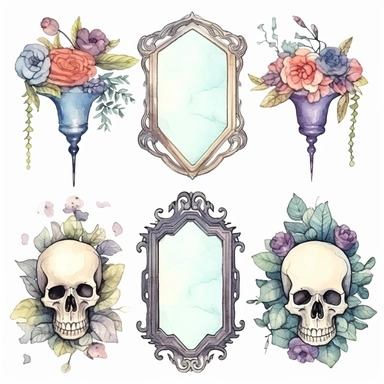 Vintage geometric frames set. Grave stone design decorated with skulls, cross and flowers. Casket clip art isolated on white background. Halloween festive ornaments. Spiritual elements clip art. Watercolour
