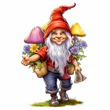 A delightful, hand-drawn clipart image of a friendly female gnome with no beard, dressed in a charming, brightly colored ensemble, sporting a tall, pointy hat, and standing with a welcoming smile, mushrooms and flowers, presented on a transparent backgrou