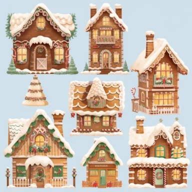 <@936929561302675456> very detailed, gingerbread house town village set of clipart, flat, no 3D, light brown and white, transparent background,