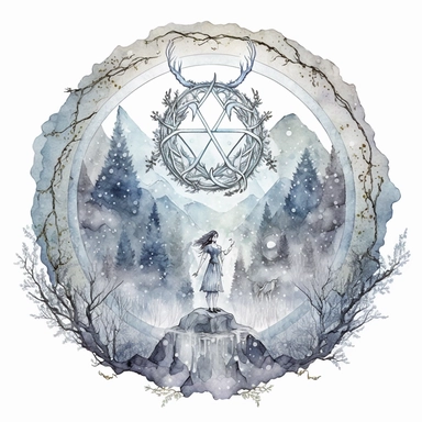 watercolor white background, no text, high resolution, in the center of a circular frame,a snow-covered wonderland with a stunning pentagram clipart set against a backdrop of icy mountains and frosted pine trees. In this magical winter landscape, graceful ice nymphs and snow sprites roam, casting spells of enchantment.