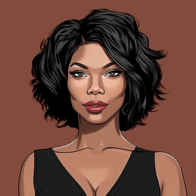 a stunning African American beauty in her mid-thirties, with a striking resemblance to actress Gabrielle Union. She has a chic bob hair cut that frames her face perfectly and highlights her strong, feminine features. Standing at an impressive height, she has a tall and curvy figure that oozes confidence and sex appeal, clipart